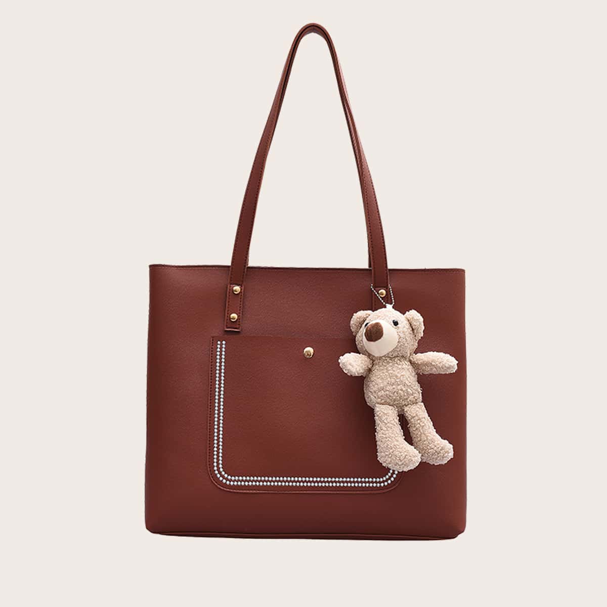 

Solid Tote Bag & Bear Bag Charm, Coffee brown