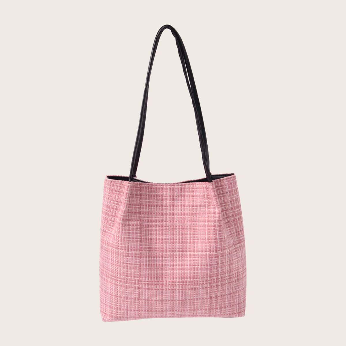 

Plaid Woven Tote Bag, Baby pink