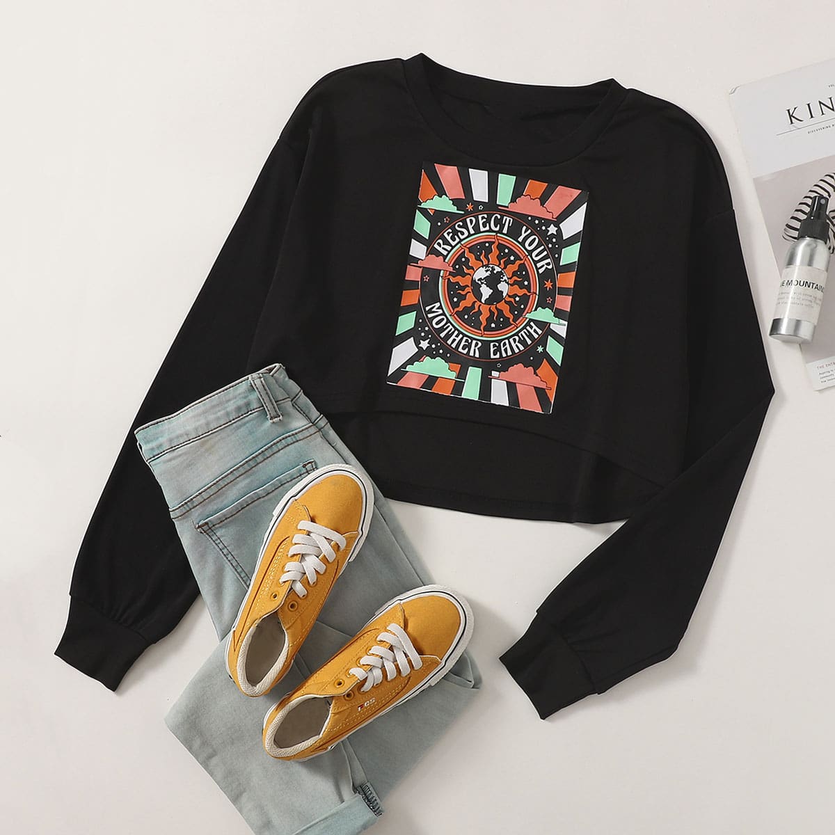 

Letter & Galaxy Print High Low Tee, Black