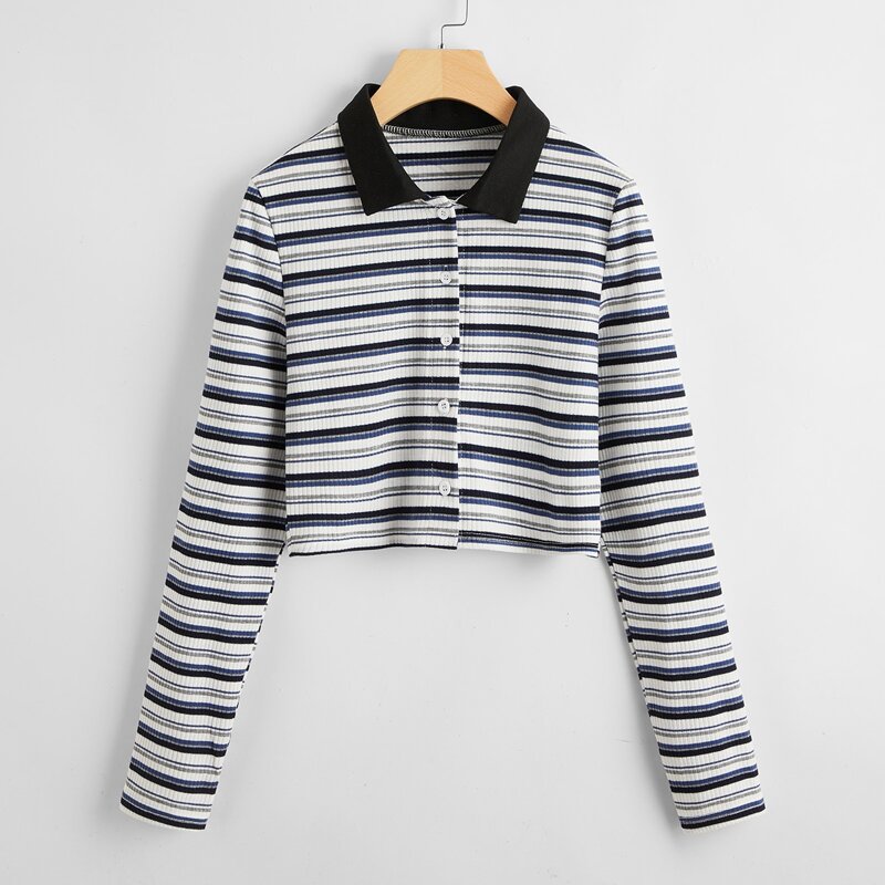 

Striped Button Front Ribbed Crop Tee, Multicolor