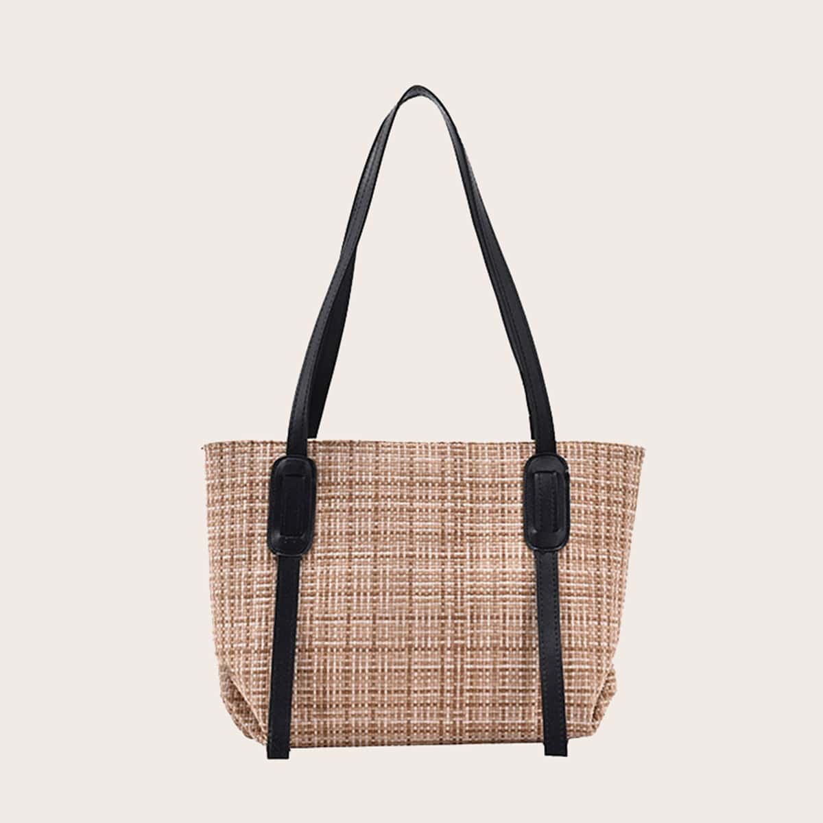 

Plaid Woven Tote Bag, Khaki