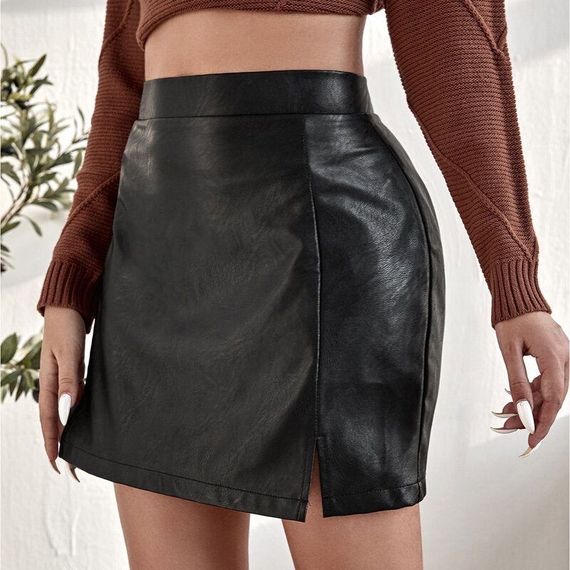 

High Waisted Split Hem PU Mini Skirt, Black