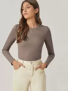 SHEIN BASICS Camiseta algodón unicolor forma ajustada - Marrón Mocha - Ver 1
