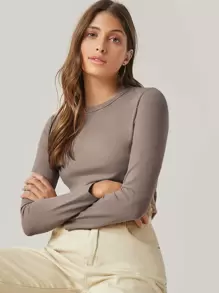 SHEIN BASICS Camiseta algodón unicolor forma ajustada - Marrón Mocha - Ver 3