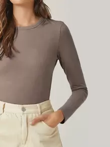 SHEIN BASICS Camiseta algodón unicolor forma ajustada - Marrón Mocha - Ver 4