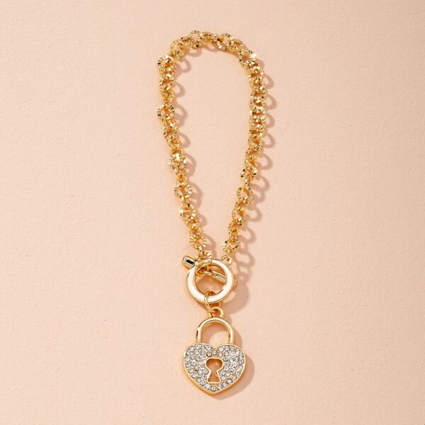

Rhinestone Heart Lock Decor Bracelet, Gold