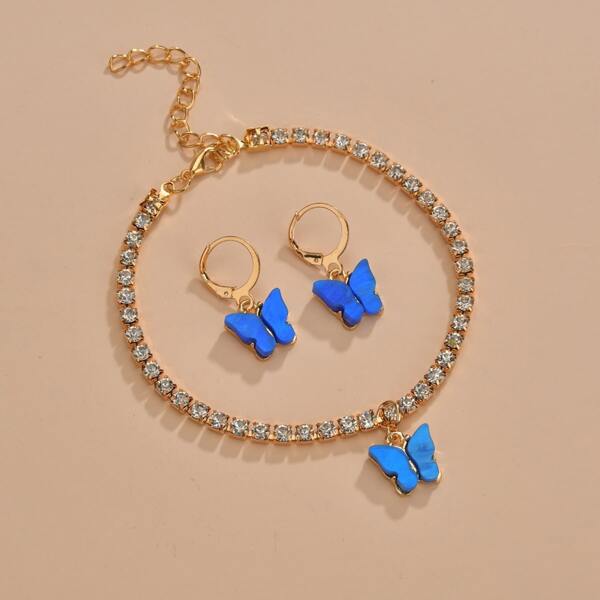

3pcs Rhinestone Butterfly Jewelry Set, Blue