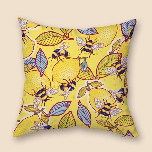 

Наволочка с принтом лимона и пчелы без наполнителя, Жёлтые