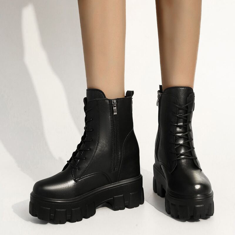 

Lace-up Front Side Zipper Decor Combat Boots, Black