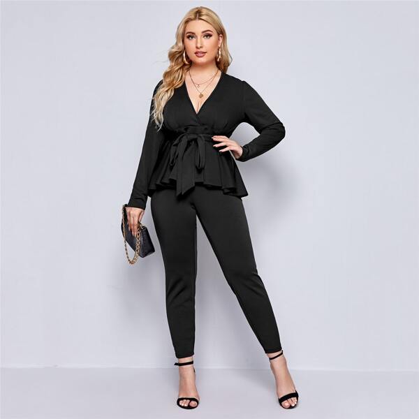 

Plus Plunging Neck Belted Peplum Top & Leggings Set, Black