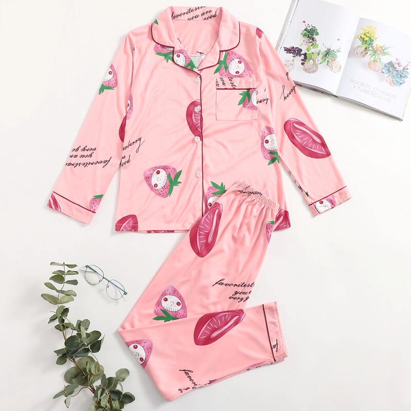 

Allover Cartoon Print PJ Set, Pink