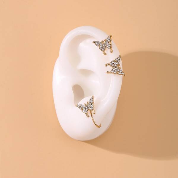 

3pcs Rhinestone Butterfly Decor Earrings, Gold