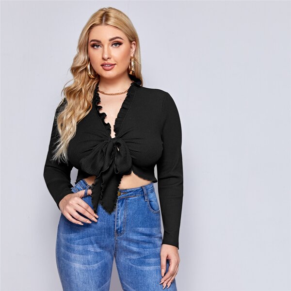 

Plus Tie Front Frill Detail Top, Black
