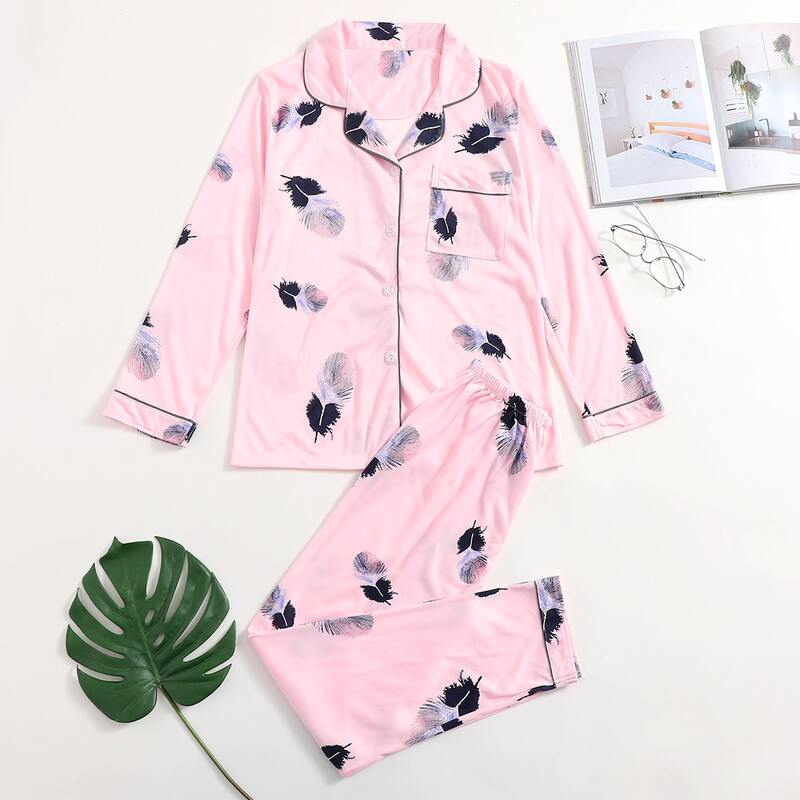 

Allover Feather Print PJ Set, Pink