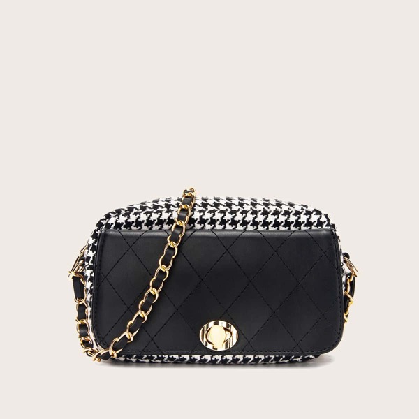 

Stitch Detail Houndstooth Print Chain Bag, Black