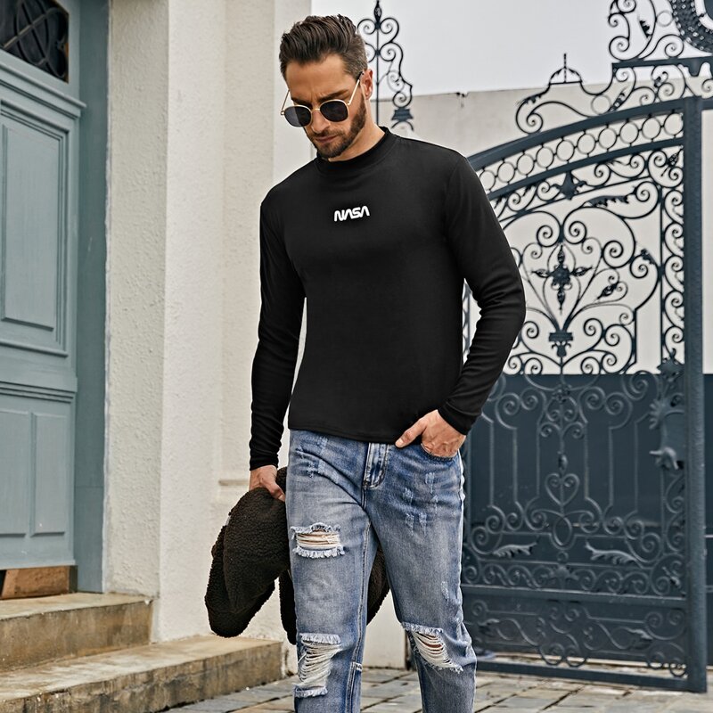 

Men Mock Neck Letter Graphic Tee, Black
