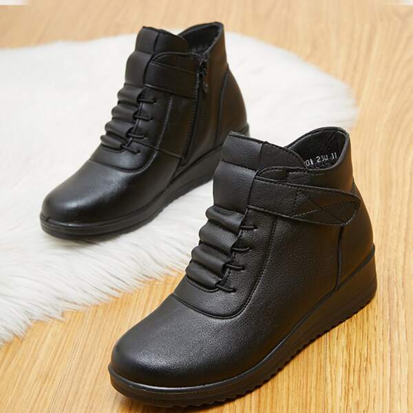 

Round Toe Velcro Strap Ankle Boots, Black