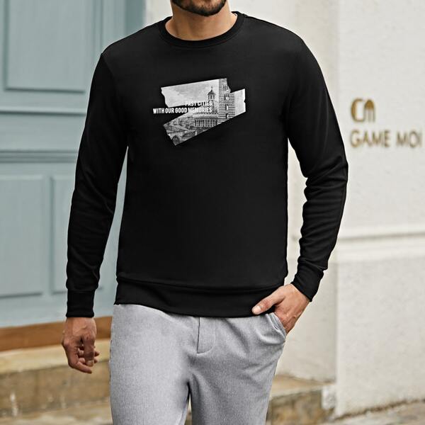 

Men Letter & Building Print Sweatshirt, Black