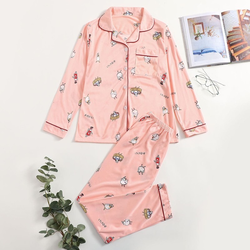 

Allover Cartoon Print PJ Set, Pink