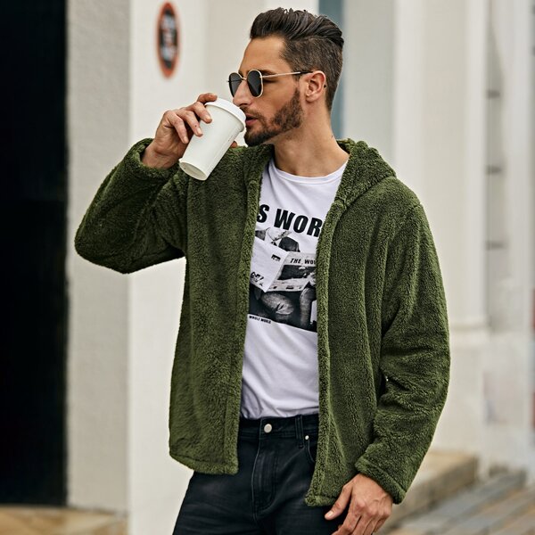 

Men Open Front Hooded Teddy Coat, Army green