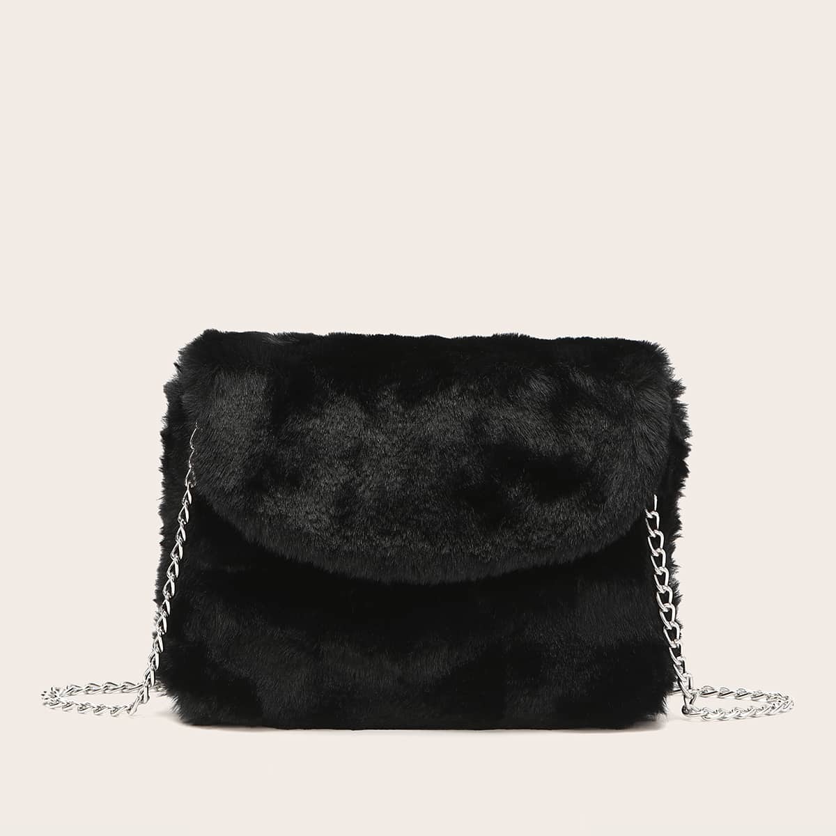 

Faux Fur Flap Chain Bag, Black