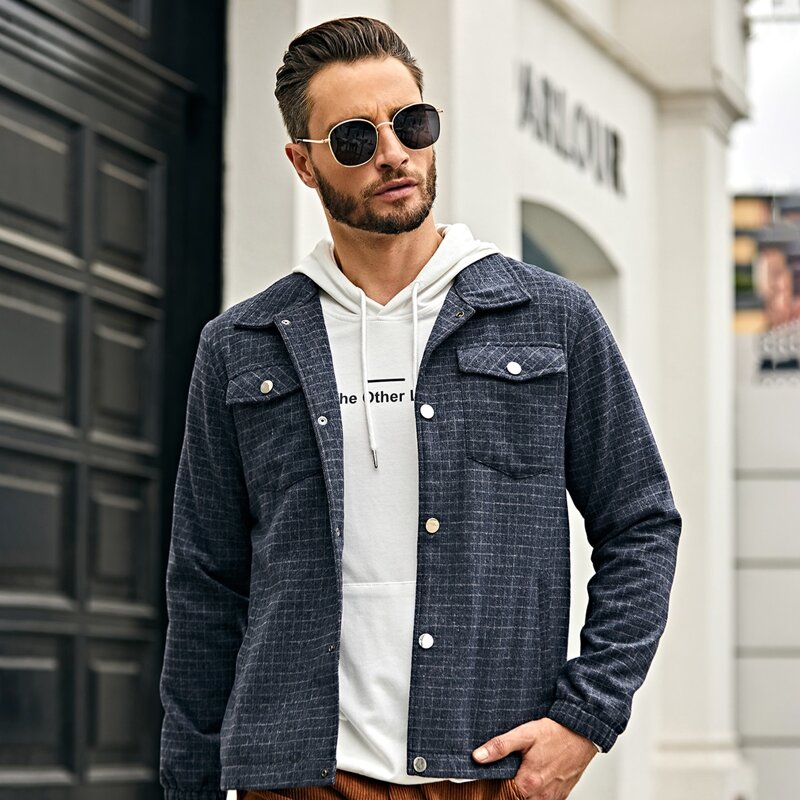 

Guys Plaid Flap Pocket Button Up Jacket, Dark grey