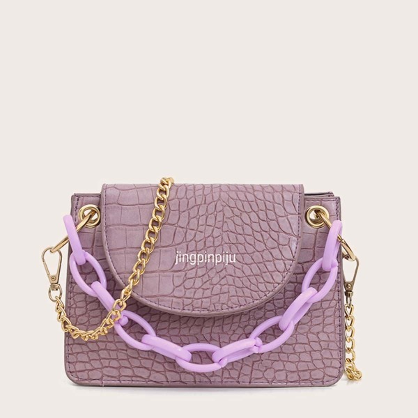 

Croc Embossed Chain Satchel Bag, Purple