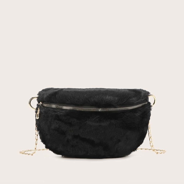 

Faux Fur Chain Crossbody Bag, Black
