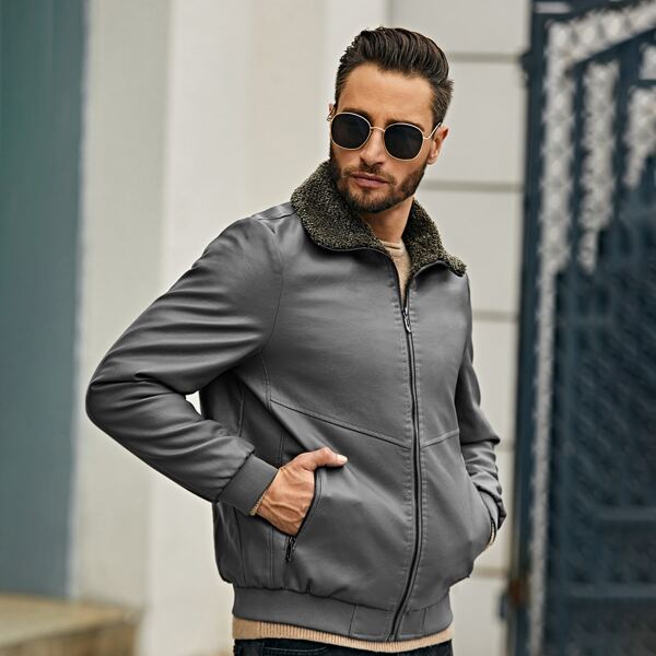 

Men Spliced Sherpa PU Jacket, Grey