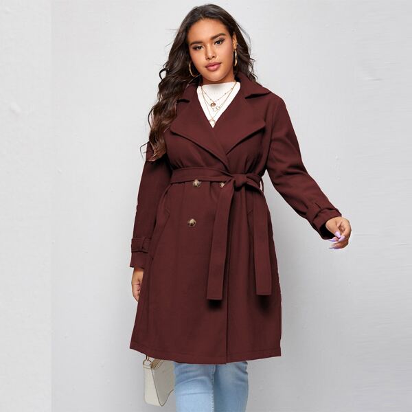 

Plus Lapel Collar Double Breasted Self Tie Overcoat, Maroon