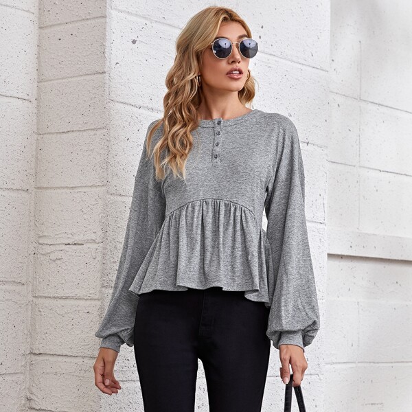 

Bishop Sleeve Button Front Peplum Tee, Grey