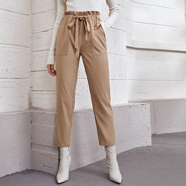 

Paperbag Waist Self Belted Pocket Front Pants, Khaki