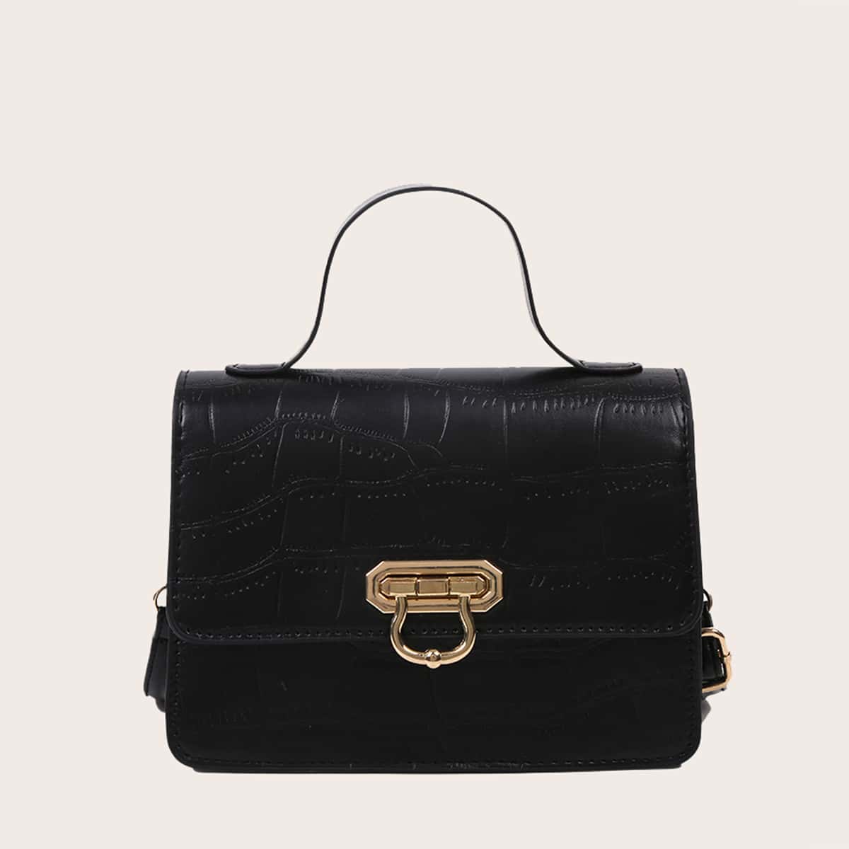 

Croc Embossed Flap Satchel Bag, Black