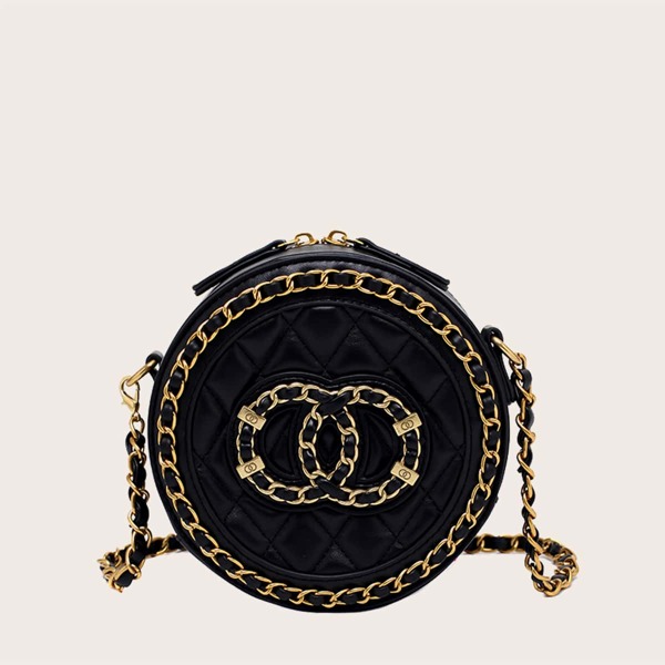 

Chain Decor Quilted Circle Bag, Black