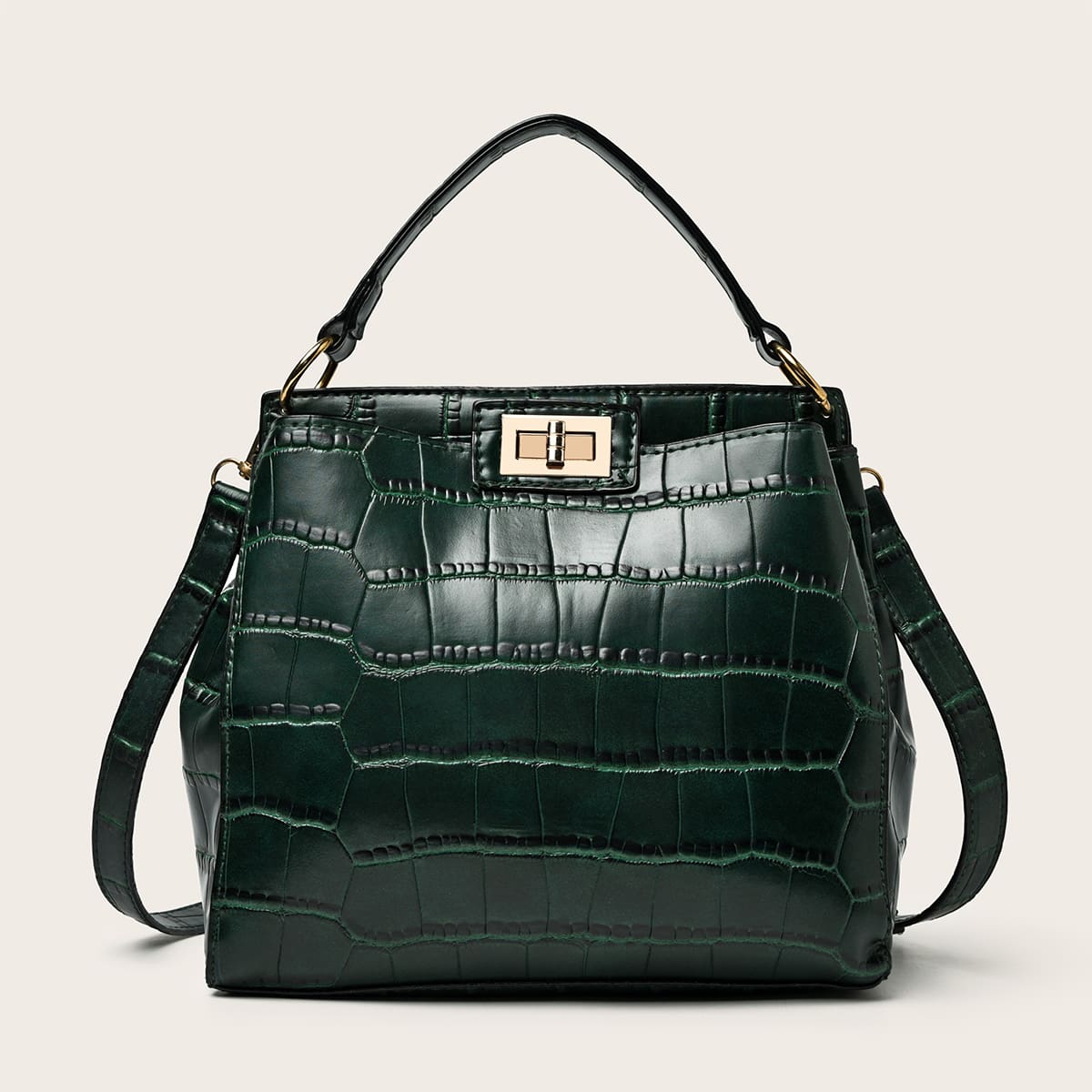 

Croc Embossed Twist Lock Satchel Bag, Dark green