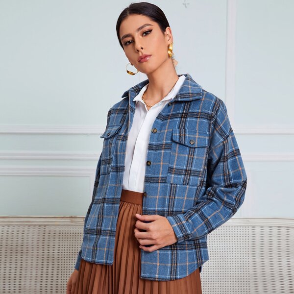 

Plaid Flap Pocket Button Front Coat, Blue