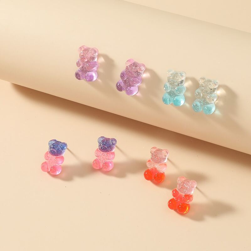 

4pairs Bear Shaped Stud Earrings, Multicolor