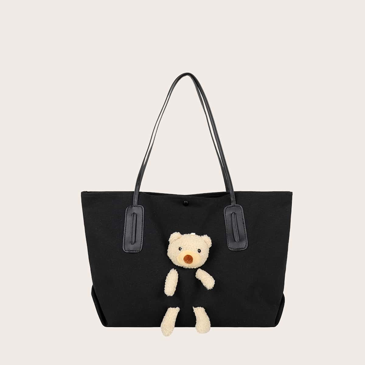 

Bear Insert Canvas Tote Bag, Black
