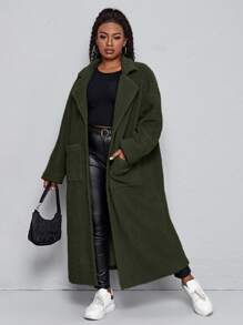 SHEIN Plus Drop Shoulder Pocket Patched Teddy Coat - Army Green - View 1