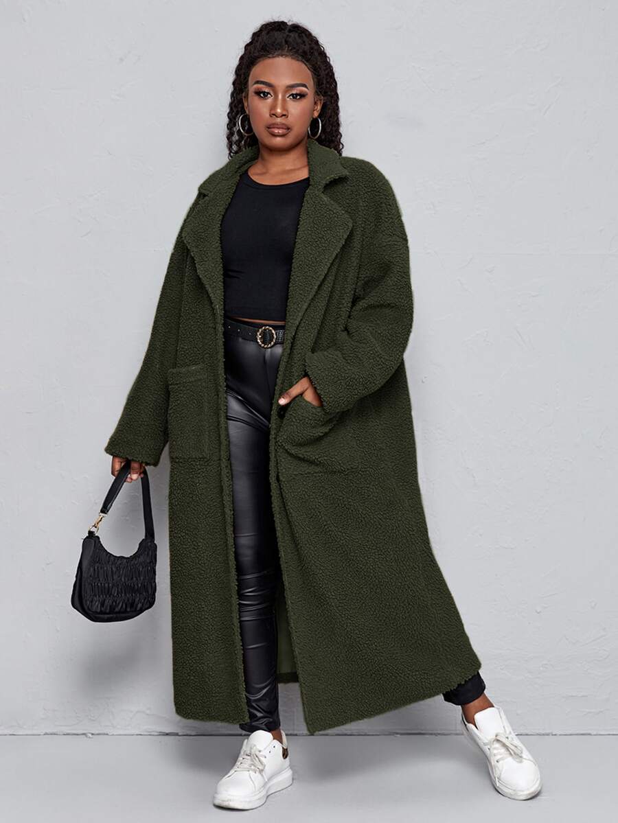 SHEIN Plus Drop Shoulder Pocket Patched Teddy Coat - Army Green - View 1