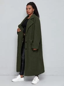 SHEIN Plus Drop Shoulder Pocket Patched Teddy Coat - Army Green - View 3