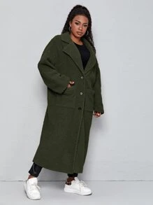 SHEIN Plus Drop Shoulder Pocket Patched Teddy Coat - Army Green - View 4
