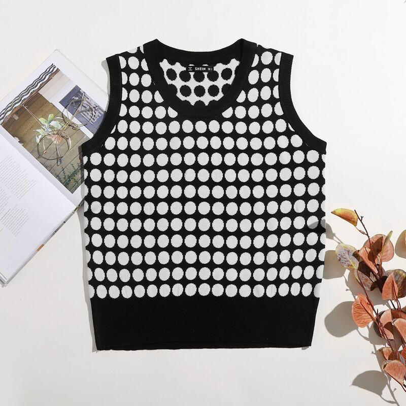 

Polka Dot Tank Knit Top, Black and white