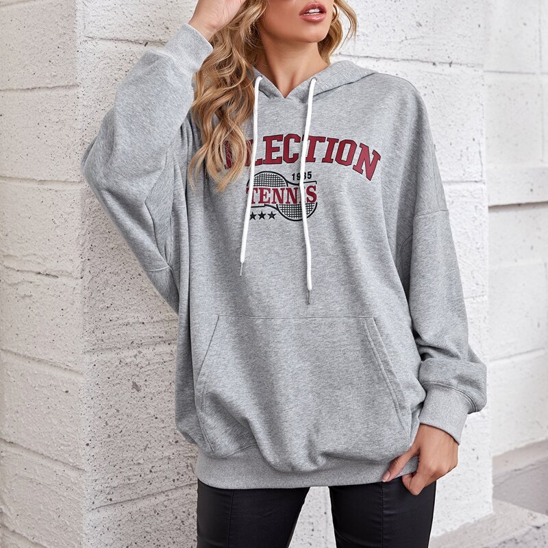 

Letter Graphic Oversized Longline Hoodie, Light grey