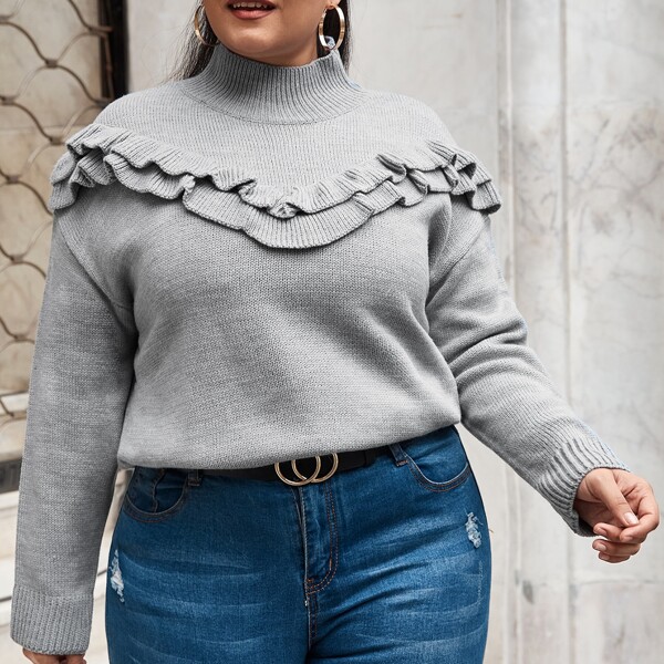 

Plus Layered Ruffle Trim Solid Sweater, Light grey