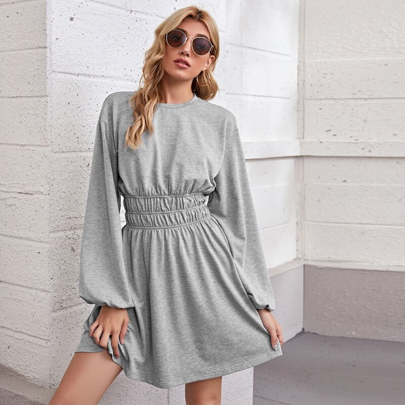 

Crinkle Waist Lantern Sleeve Dress, Light grey