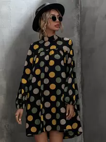 SHEIN LUNE 波卡圓點後繫帶燈籠袖娃娃洋裝