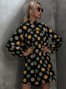 SHEIN LUNE 波卡圓點後繫帶燈籠袖娃娃洋裝