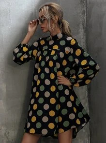 SHEIN LUNE 波卡圓點後繫帶燈籠袖娃娃洋裝