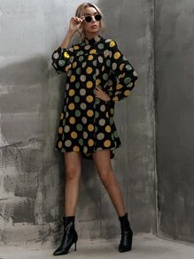 SHEIN LUNE 波卡圓點後繫帶燈籠袖娃娃洋裝